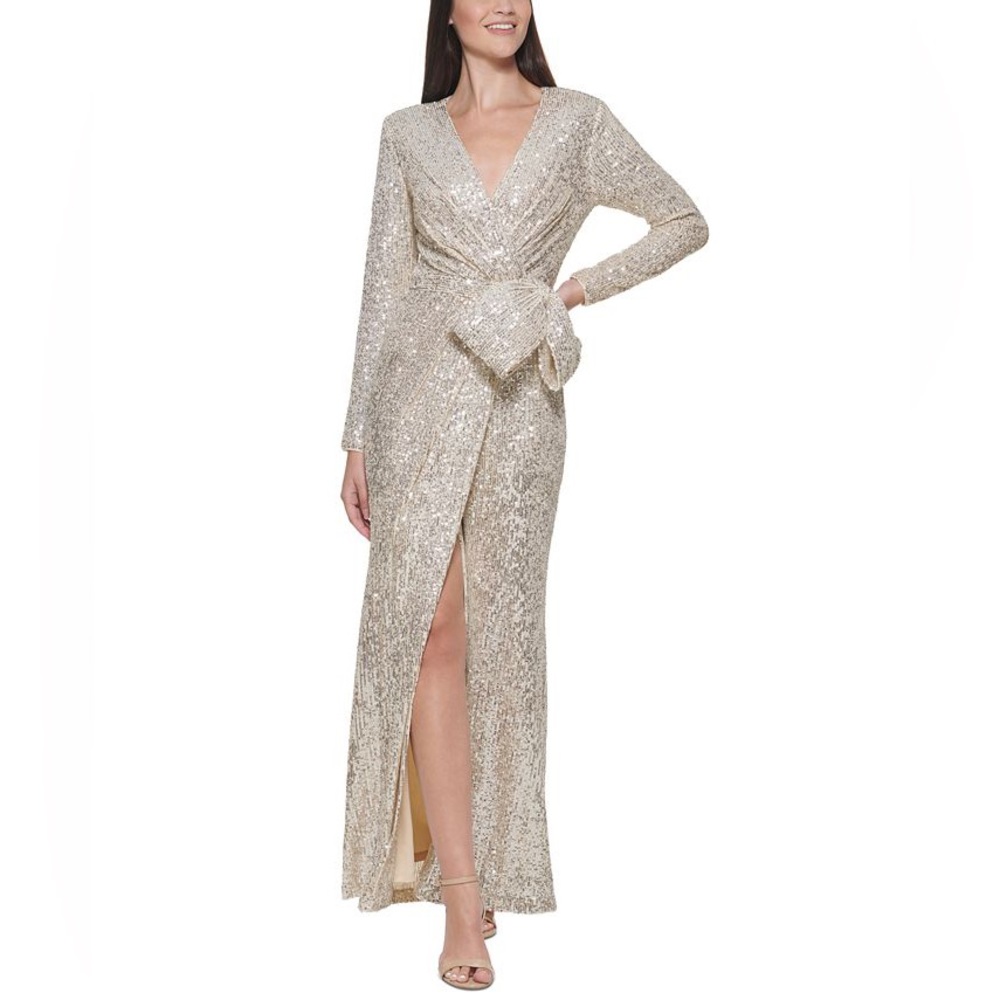 NWT Eliza J long sleeve sequined bow evening gown